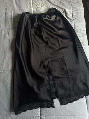Vintage Christian Dior Black Satin Slip Midi Skirt with Lace Detail